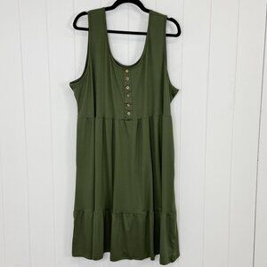 Olive Green Tiered Tank Dress Scoop Neck Henley Dress Plus 4XL NWOT Stretchy